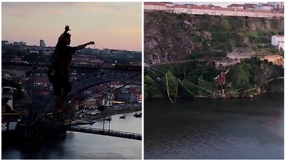 Homem atravessa o Rio Douro, numa corda, a dezenas de metros de altura