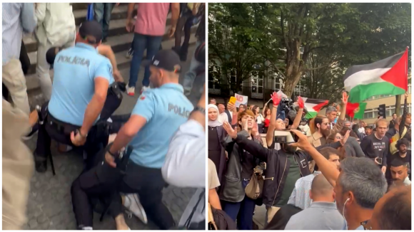 Manifestantes pr&oacute;-Palestina invadem com&iacute;cio da AD no Porto. Pol&iacute;cia foi obrigada a intervir